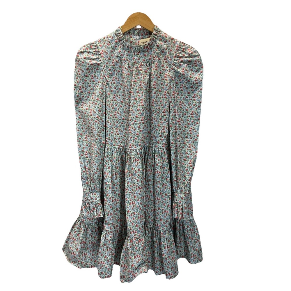 Tish Cox Dress Womens XS Red Blue Floral Ruffle Neck‎ Long Sleeve Tiered Boho